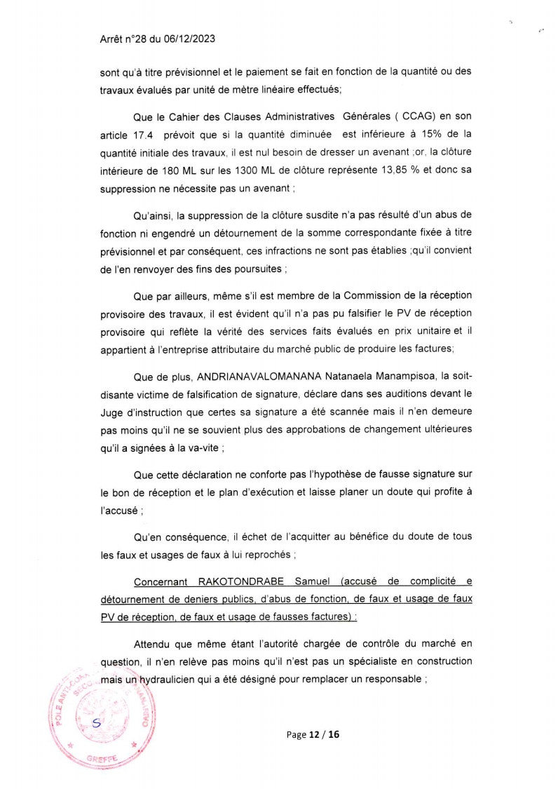 ARRET N°28 DU 06 DECEMBRE 2023