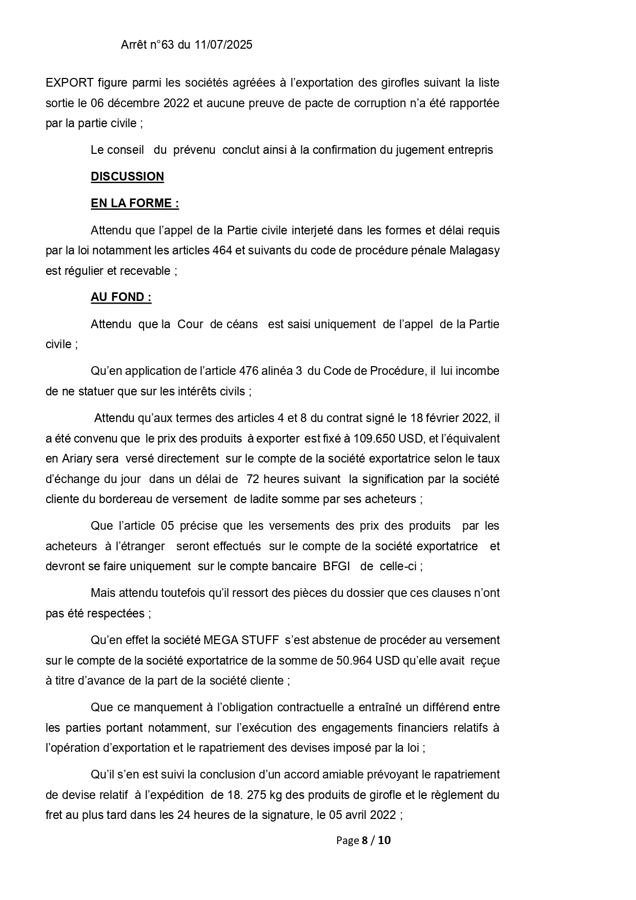 ARRET N°63 DU 11 JUILLET 2025