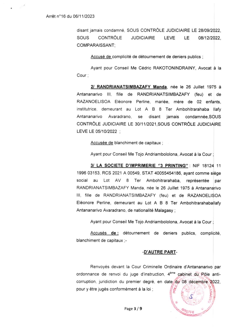 CSCA ARRET N° 16 DU 06 NOVEMBRE 2023