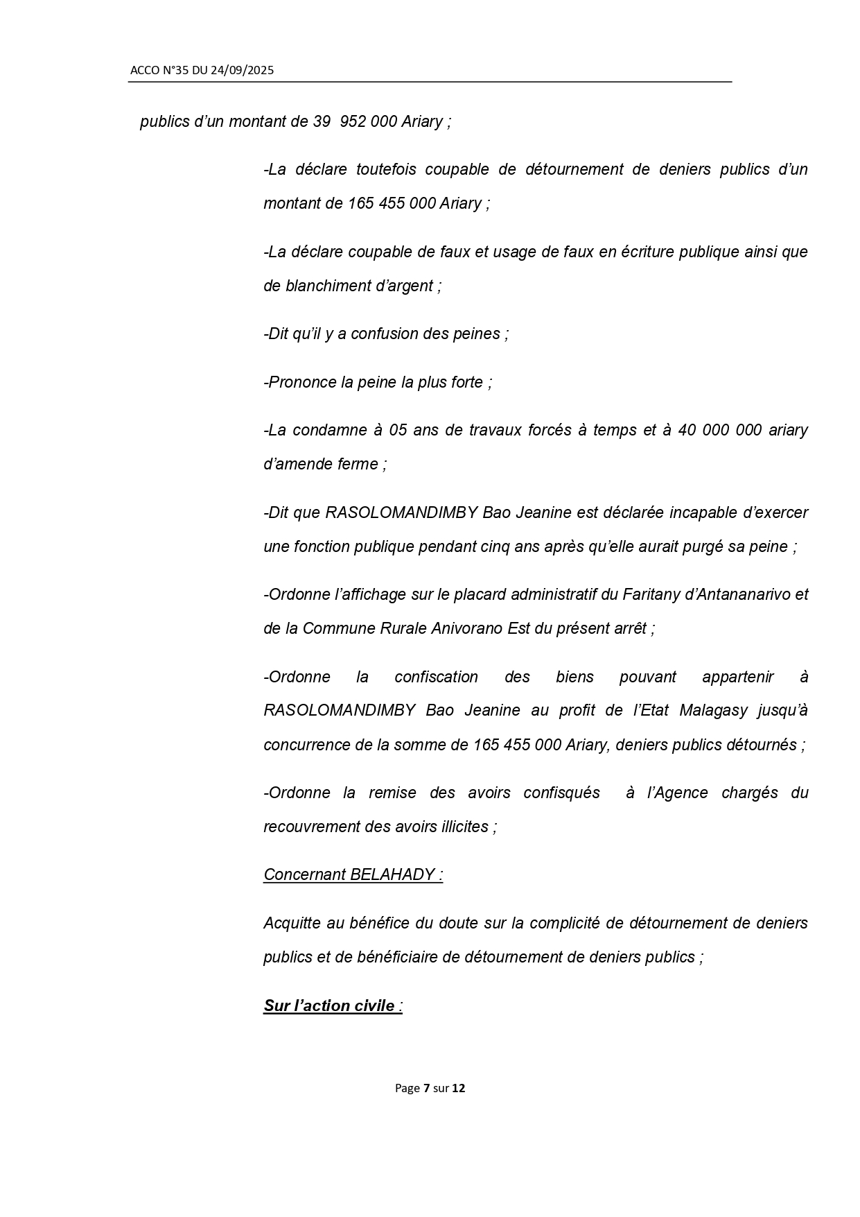 ARRET N° 35 DU 24 SEPTEMBRE 2025