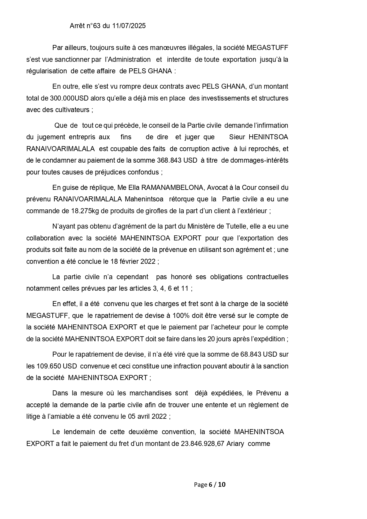 ARRET N°63 DU 11 JUILLET 2025