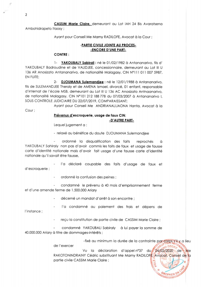 ARRET N°22 DU 26 MARS 2021