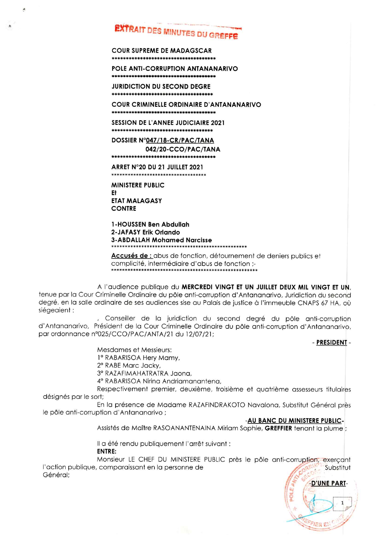 ARRET N°20 DU 21 JUILLET 2021