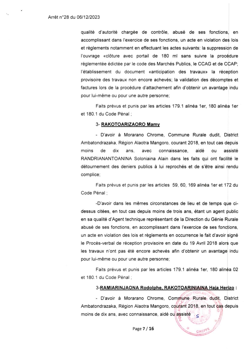 ARRET N°28 DU 06 DECEMBRE 2023