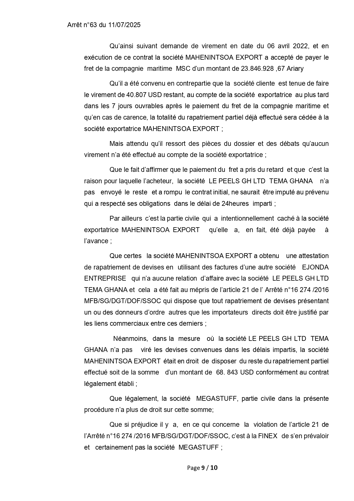 ARRET N°63 DU 11 JUILLET 2025