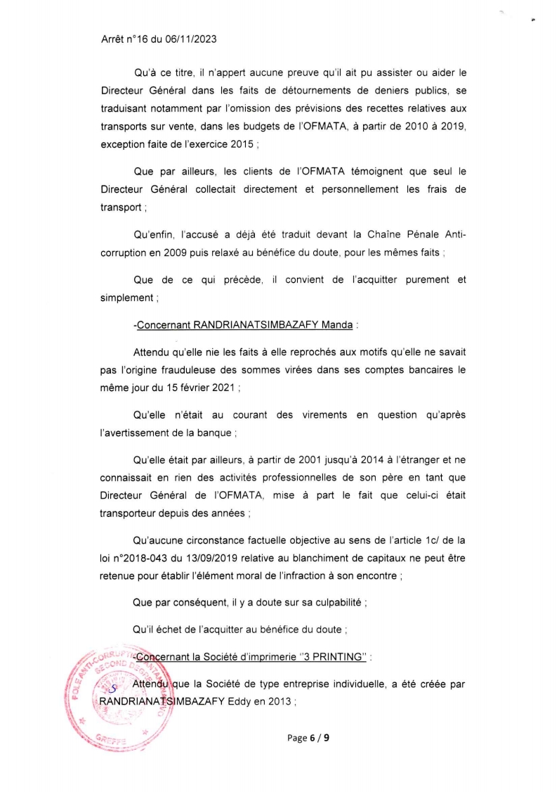 CSCA ARRET N° 16 DU 06 NOVEMBRE 2023