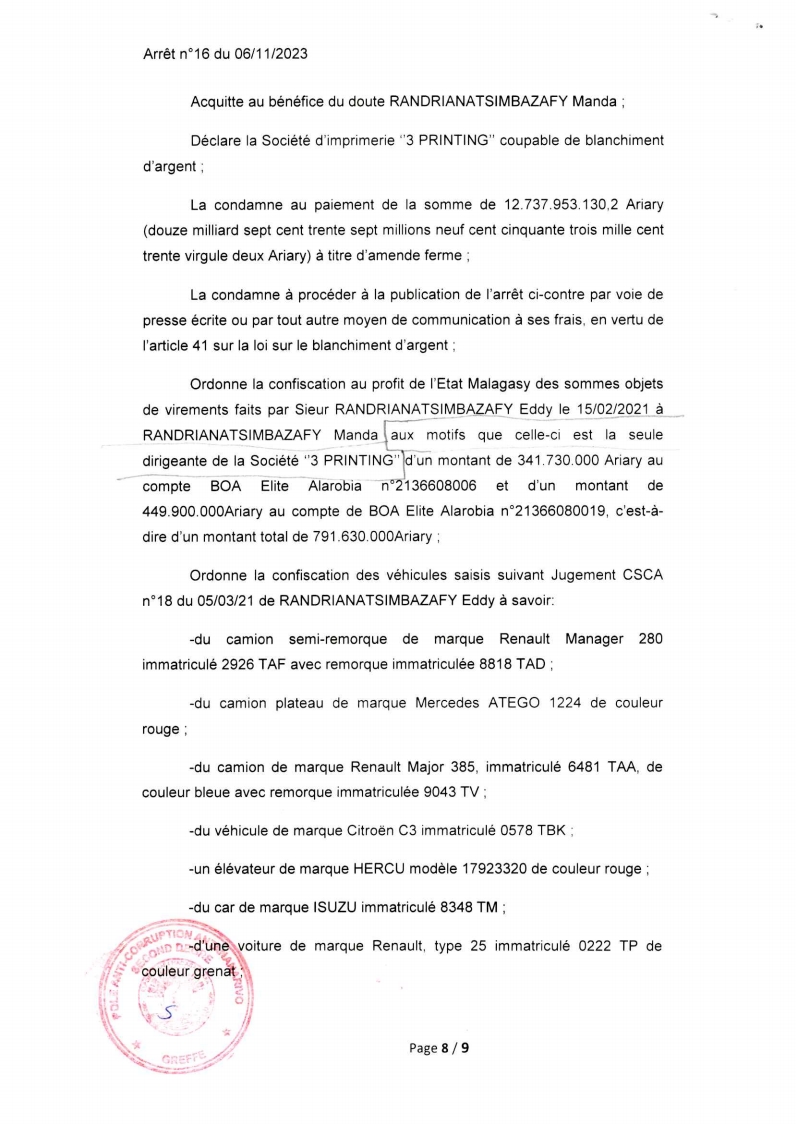 CSCA ARRET N° 16 DU 06 NOVEMBRE 2023