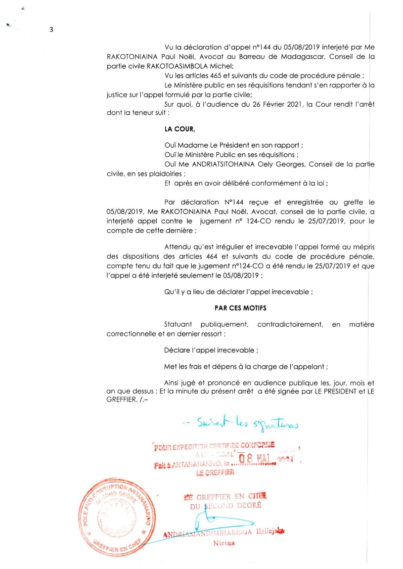 ARRET N°11 DU 26 FEVRIER 2021