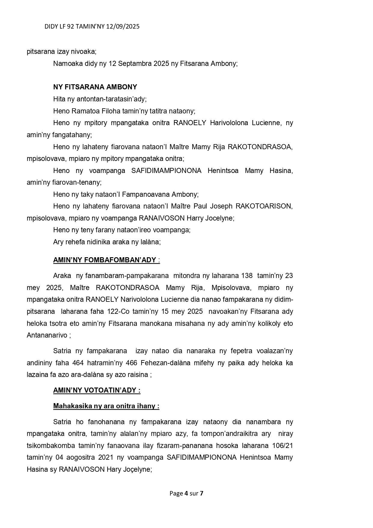ARRET N°92 DU 12 SEPTEMBRE 2025
