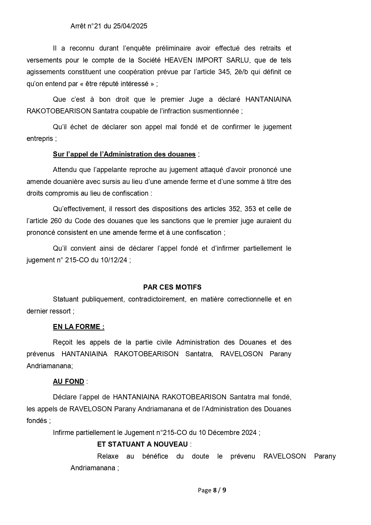 ARRET N°21 DU 25 AVRIL 2025