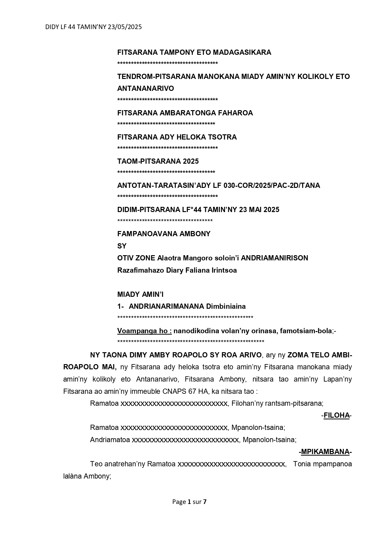 ARRET N°44 DU 23 MAI 2025