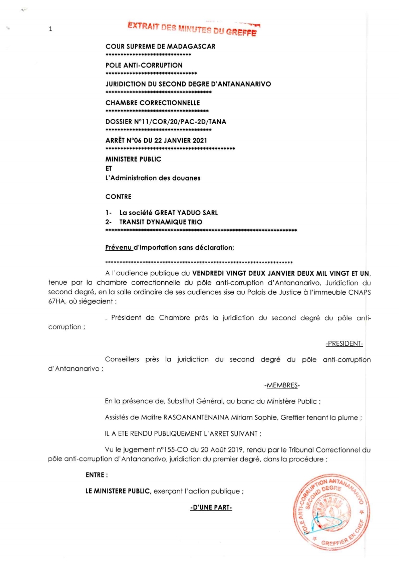 ARRET N°06 DU22 JANVIER 2021