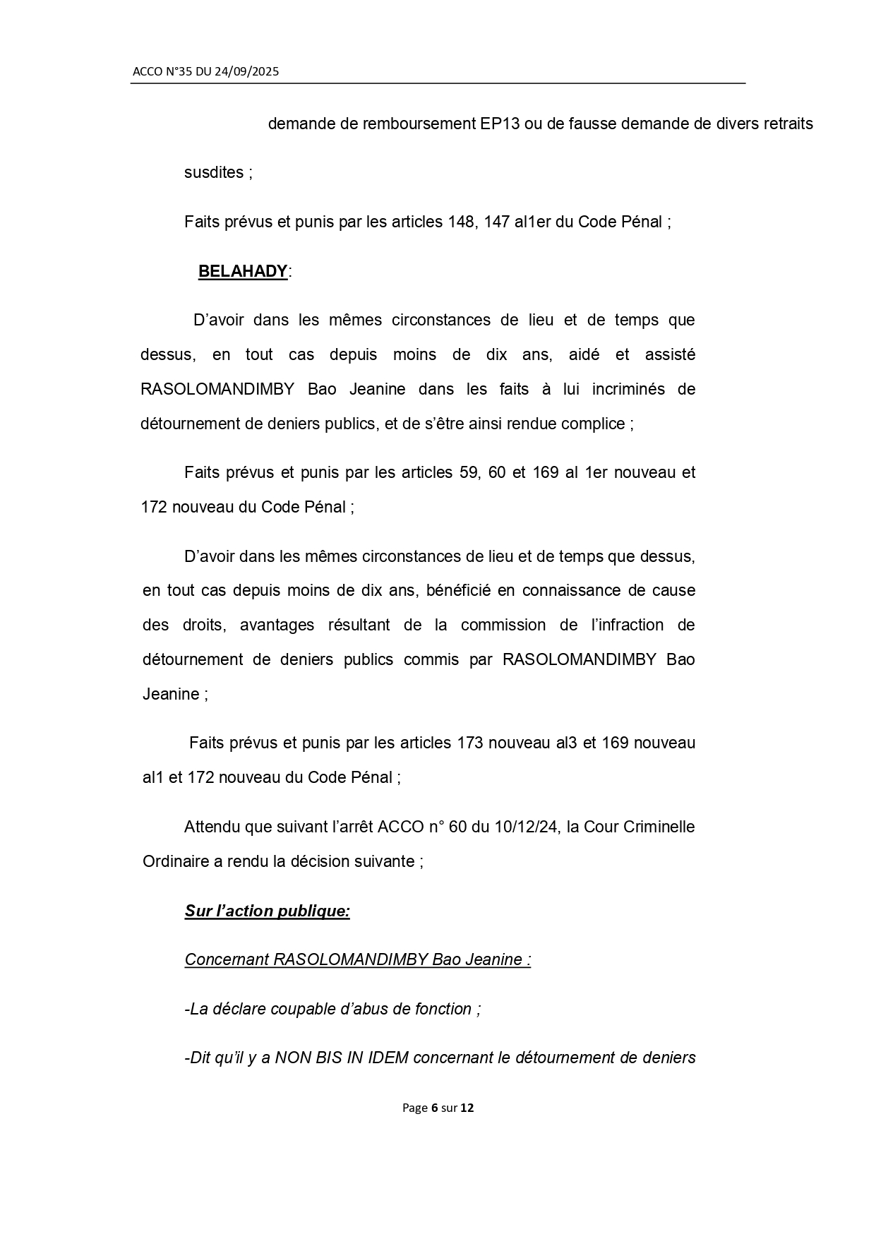 ARRET N° 35 DU 24 SEPTEMBRE 2025