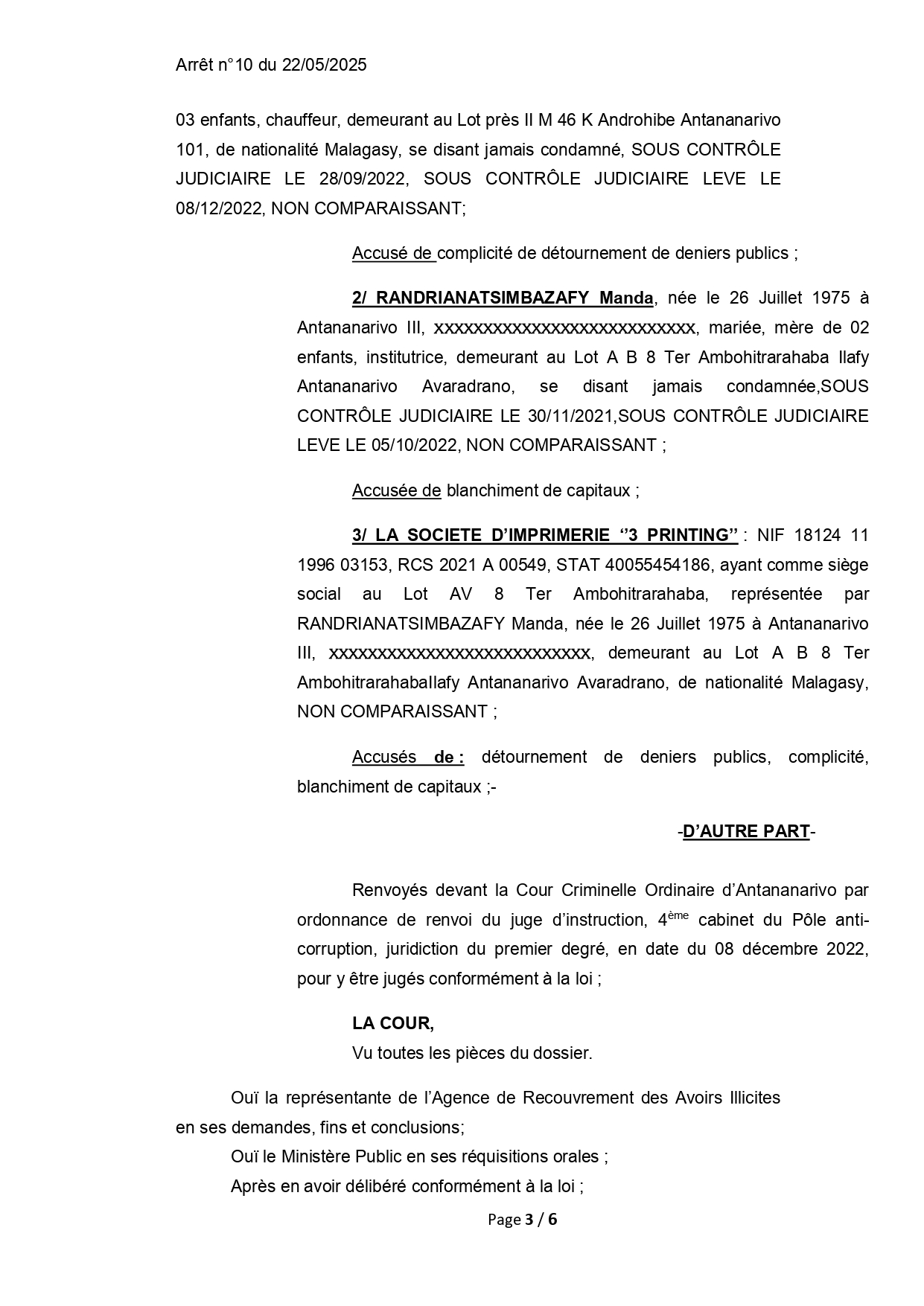 ARRET N° 10 DU 22 MAI 2025