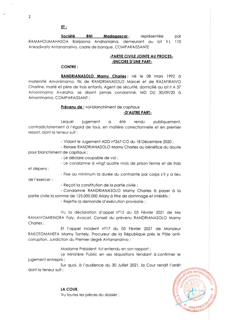 ARRET N°61 DU 30 JUILLET 2021