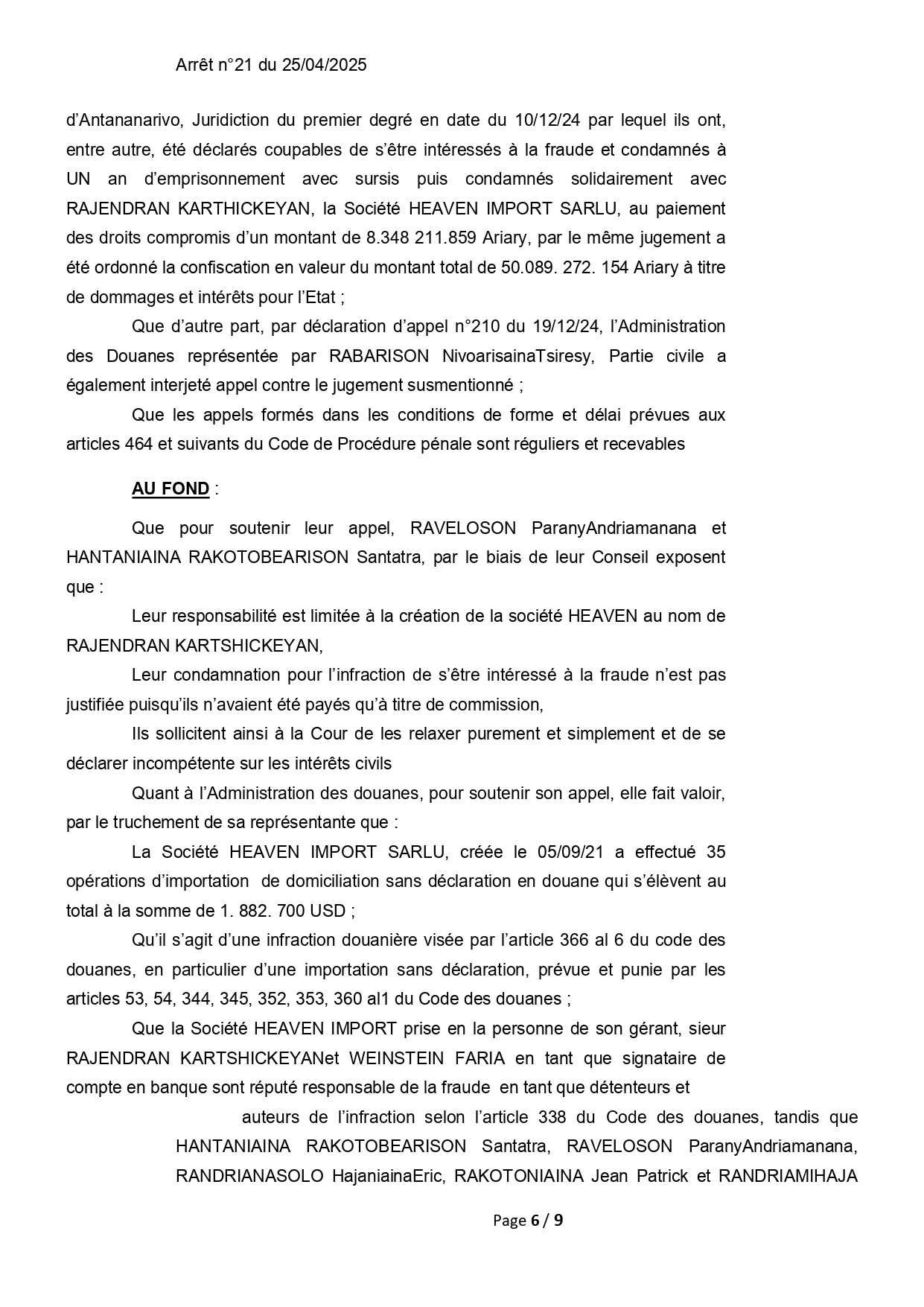 ARRET N°21 DU 25 AVRIL 2025