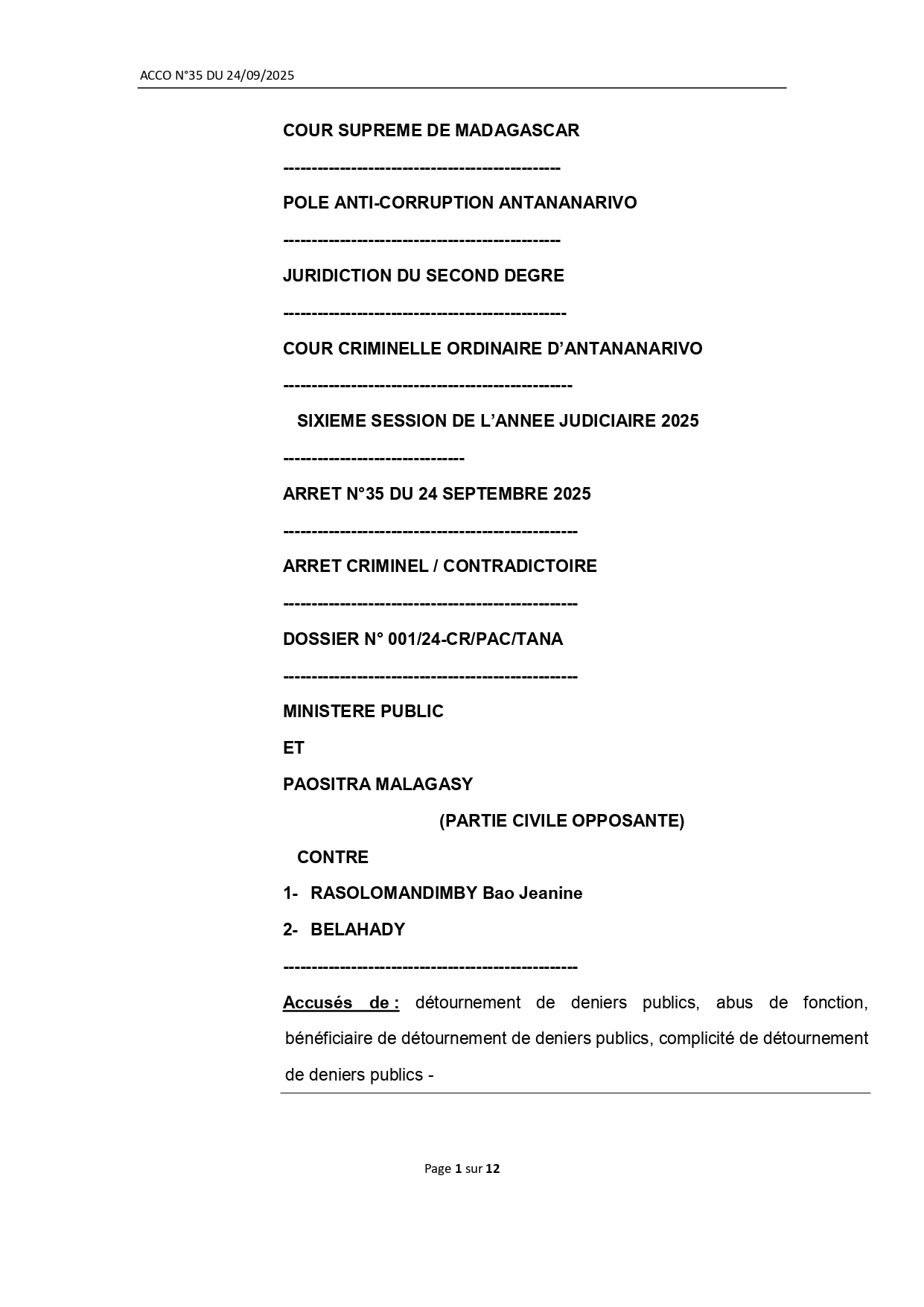 ARRET N° 35 DU 24 SEPTEMBRE 2025