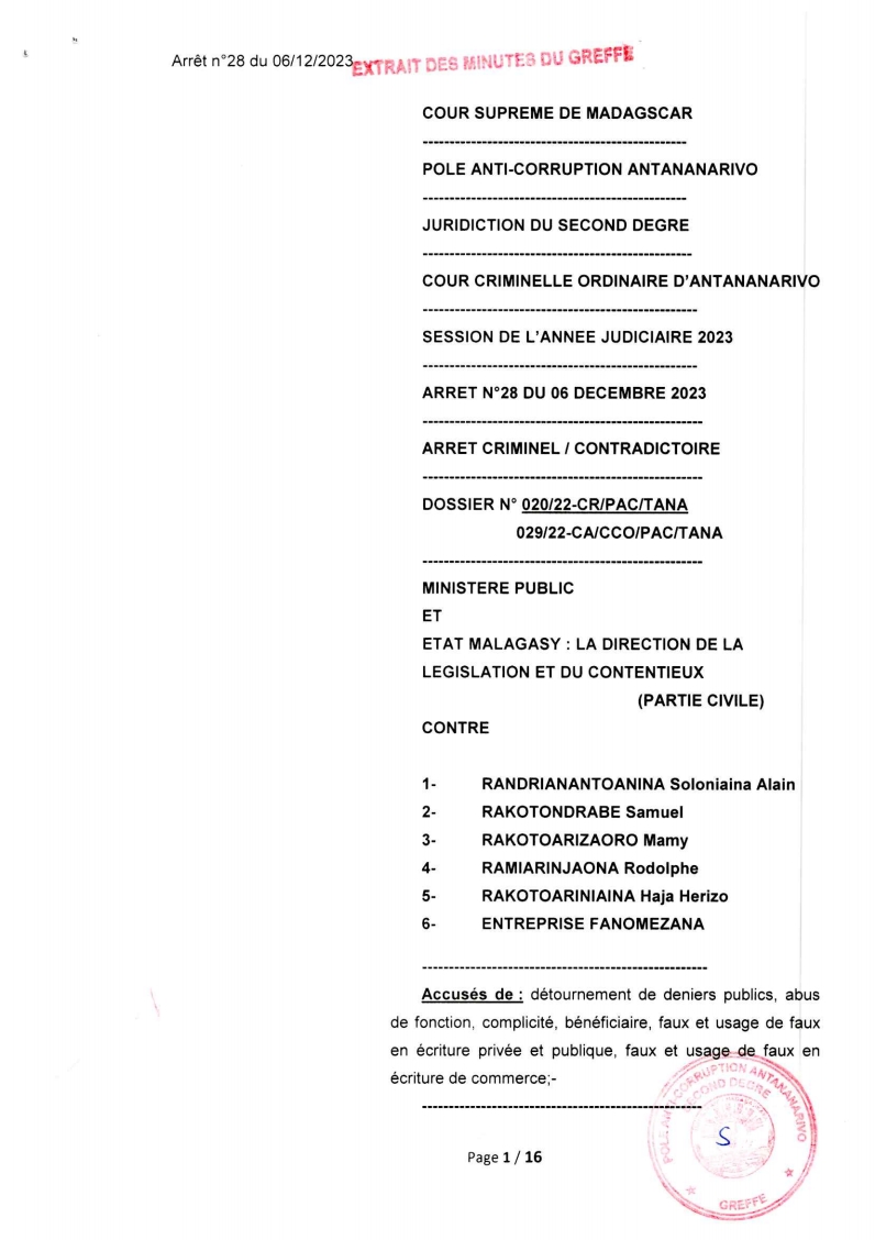 ARRET N°28 DU 06 DECEMBRE 2023