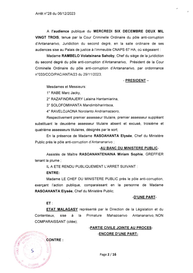 ARRET N°28 DU 06 DECEMBRE 2023