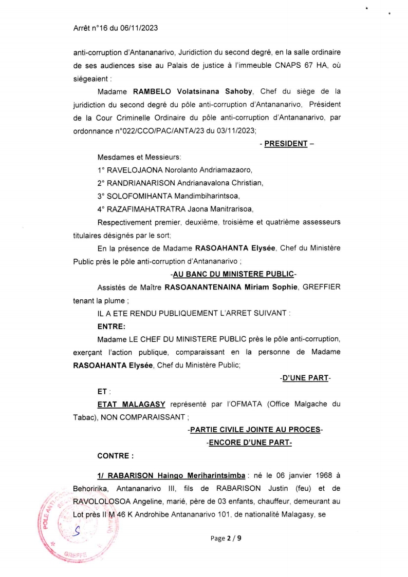 CSCA ARRET N° 16 DU 06 NOVEMBRE 2023