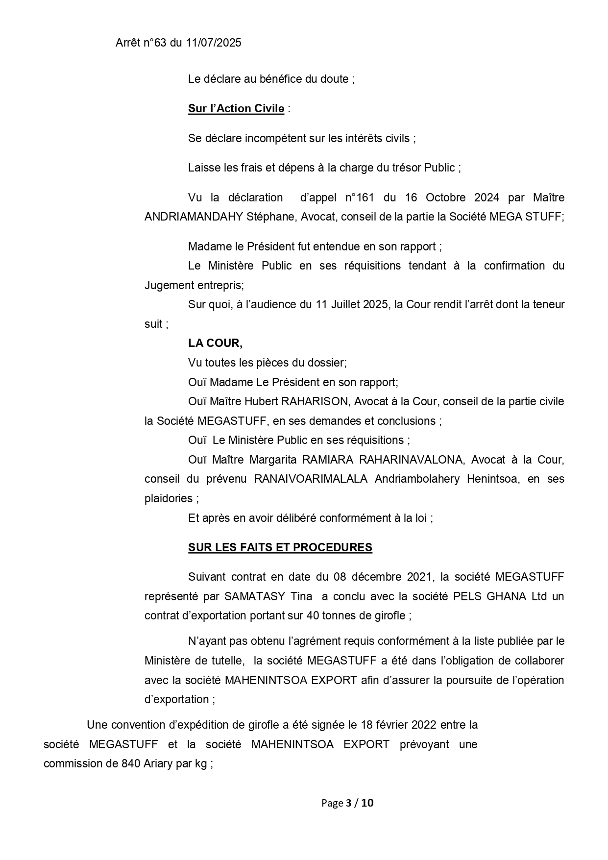 ARRET N°63 DU 11 JUILLET 2025