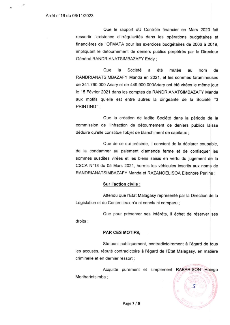 CSCA ARRET N° 16 DU 06 NOVEMBRE 2023
