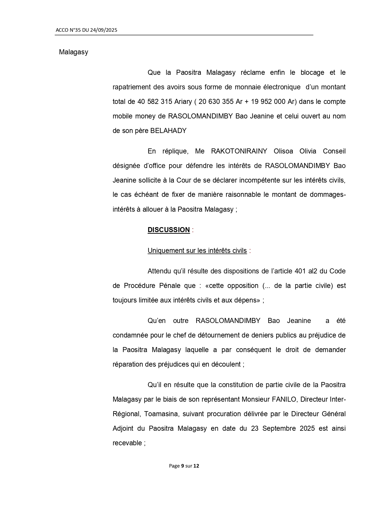 ARRET N° 35 DU 24 SEPTEMBRE 2025