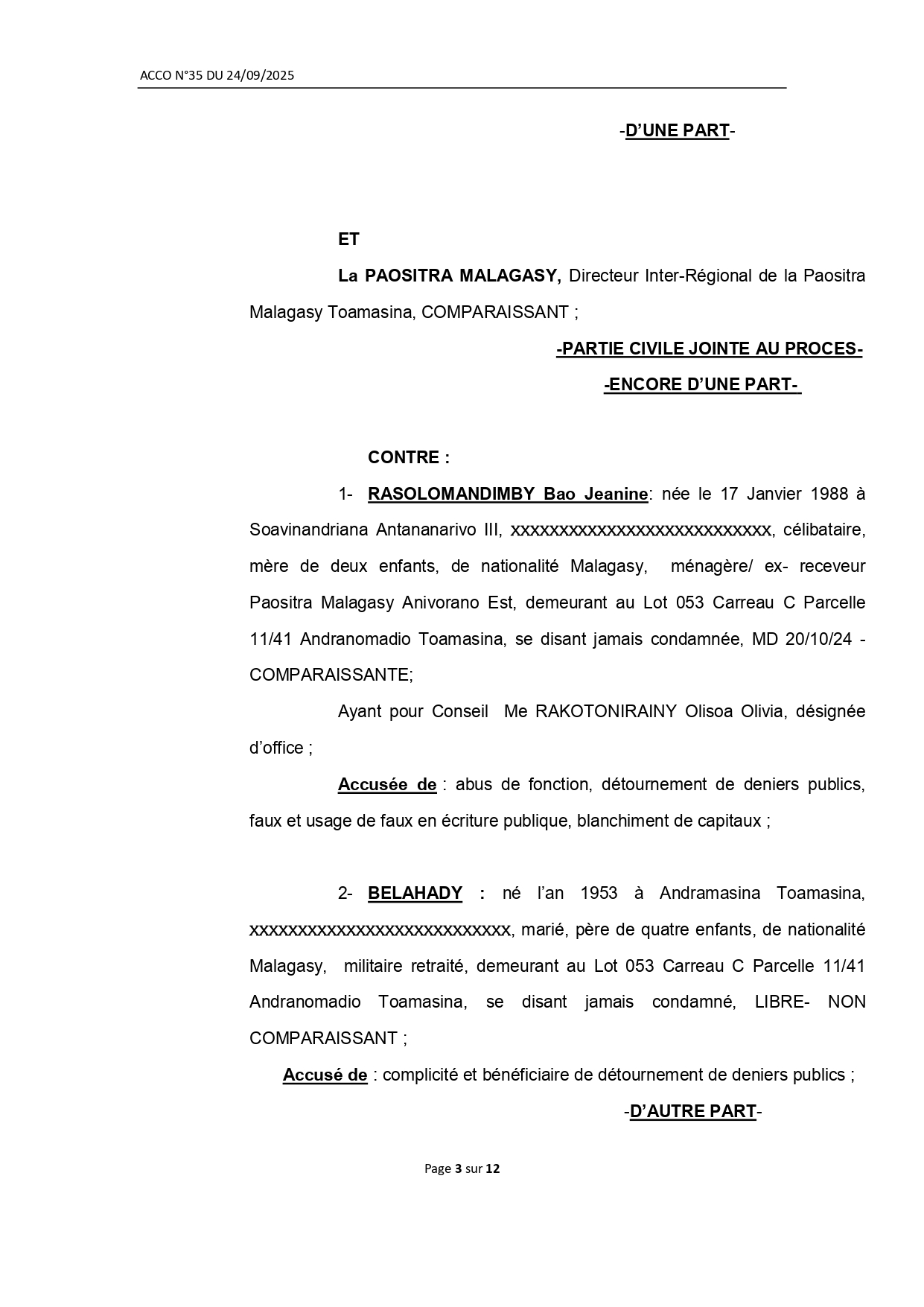 ARRET N° 35 DU 24 SEPTEMBRE 2025