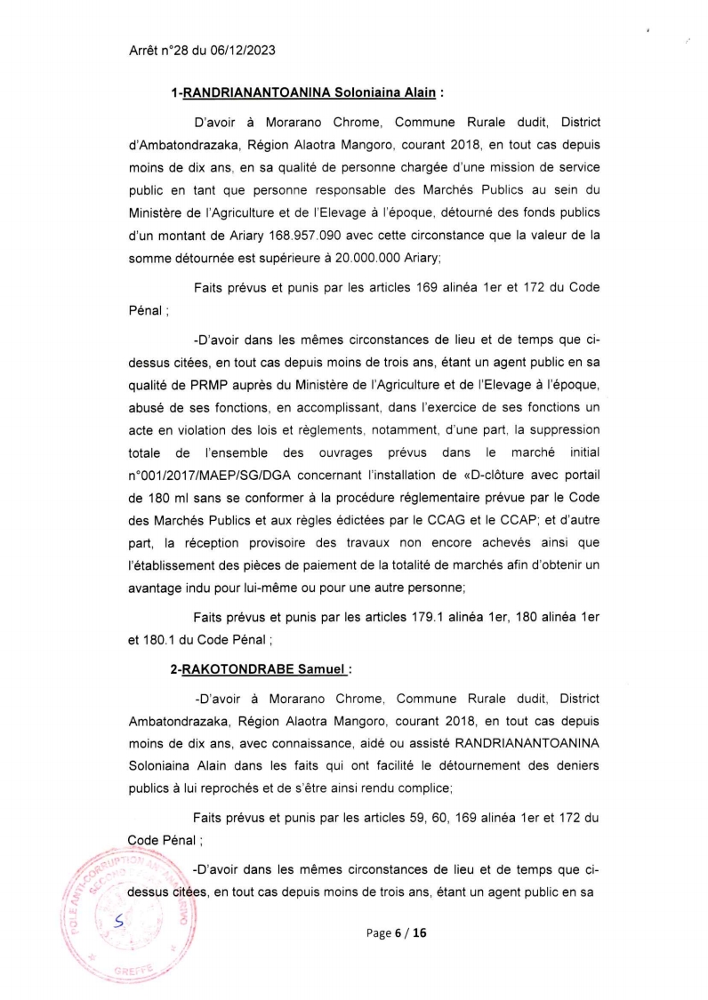 ARRET N°28 DU 06 DECEMBRE 2023