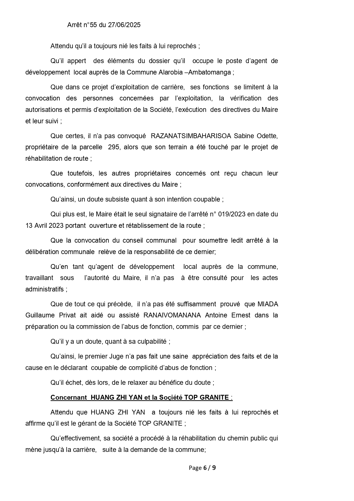 ARRET N°55 DU 27 JUIN 2025
