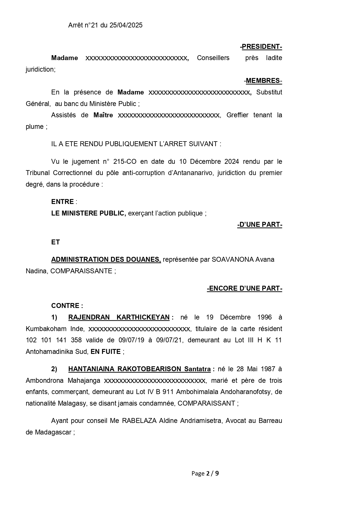 ARRET N°21 DU 25 AVRIL 2025