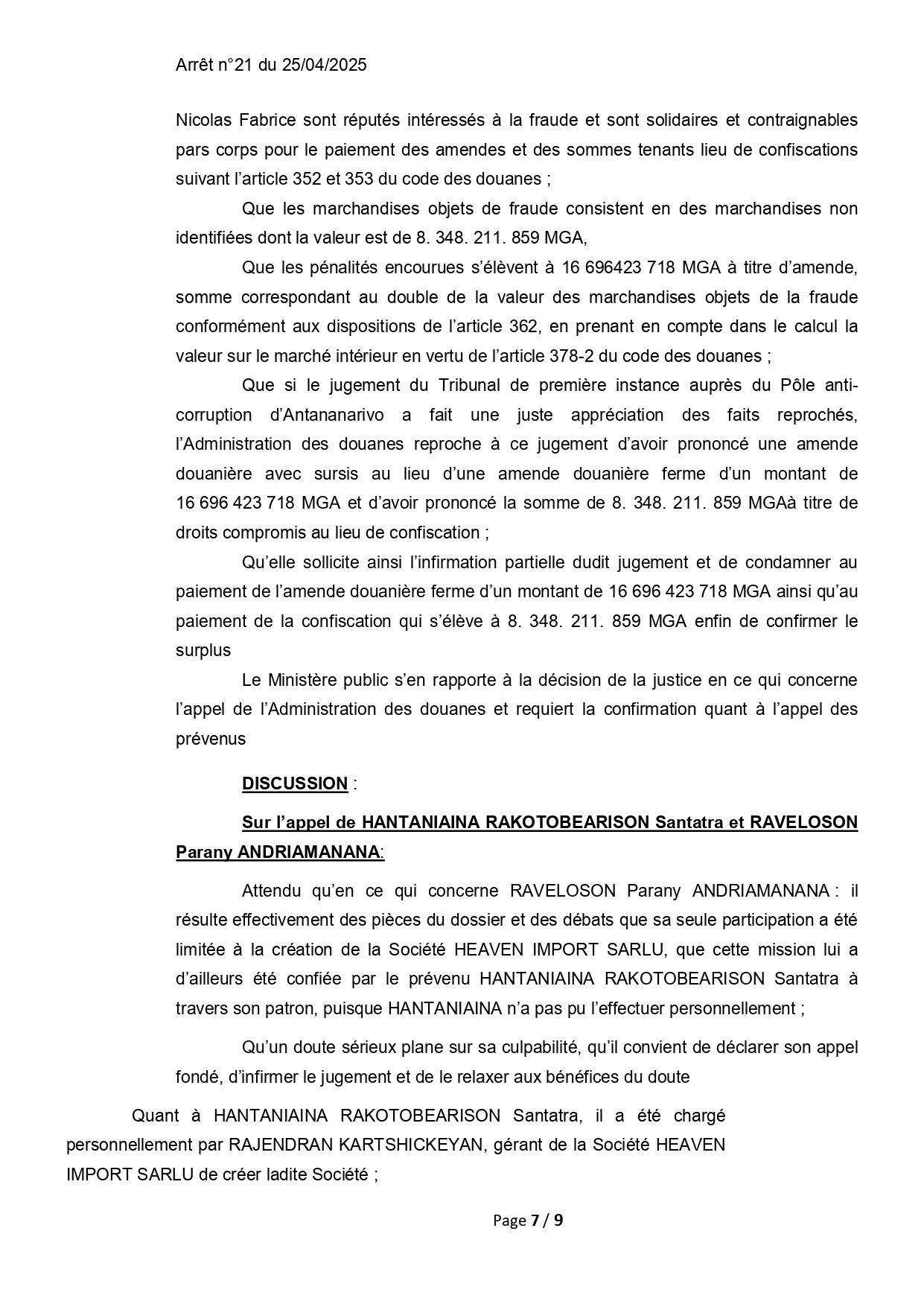 ARRET N°21 DU 25 AVRIL 2025