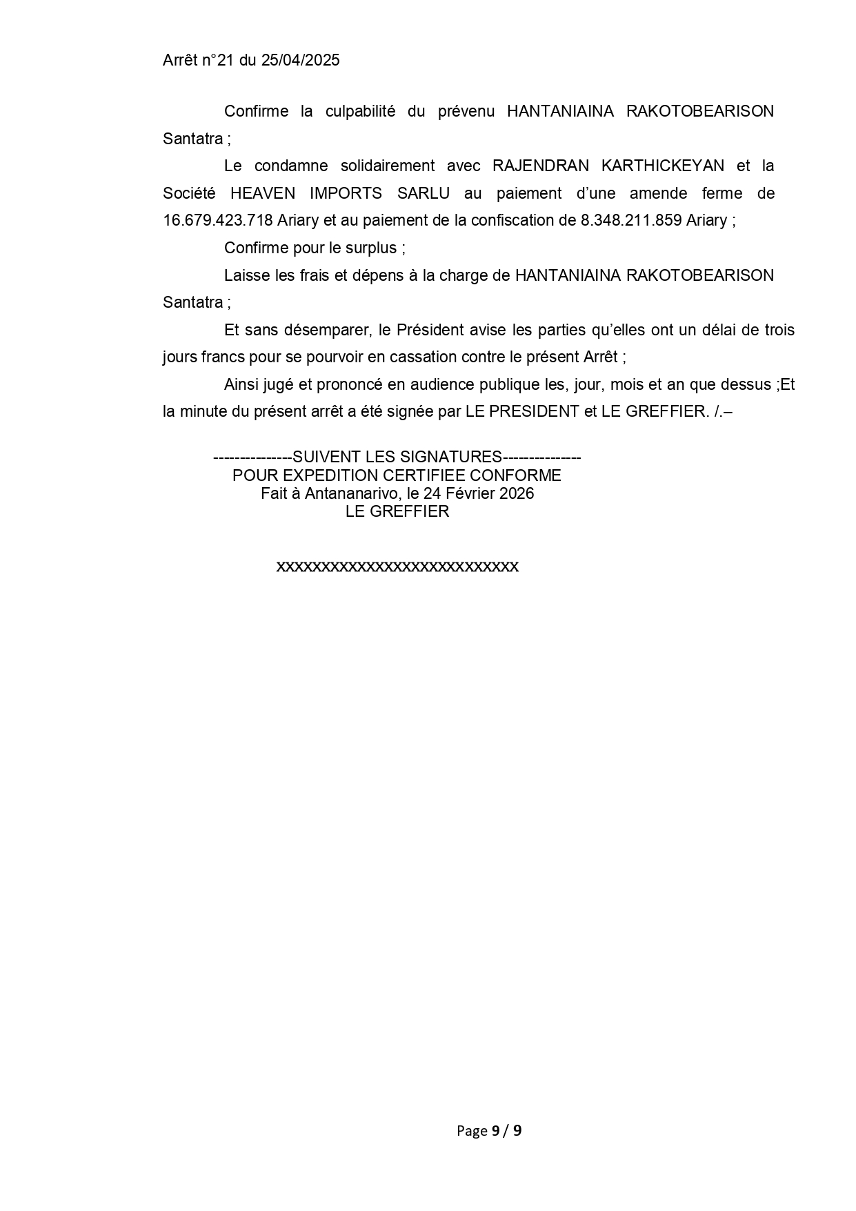 ARRET N°21 DU 25 AVRIL 2025