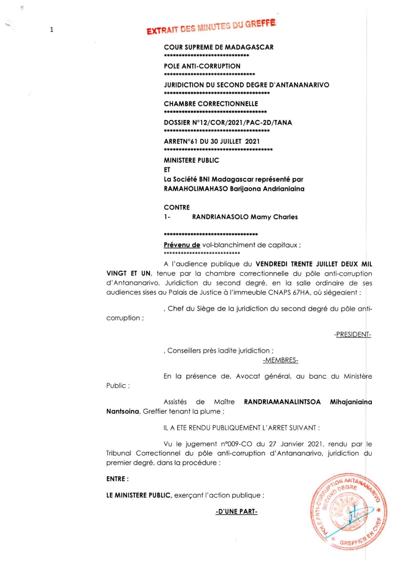 ARRET N°61 DU 30 JUILLET 2021