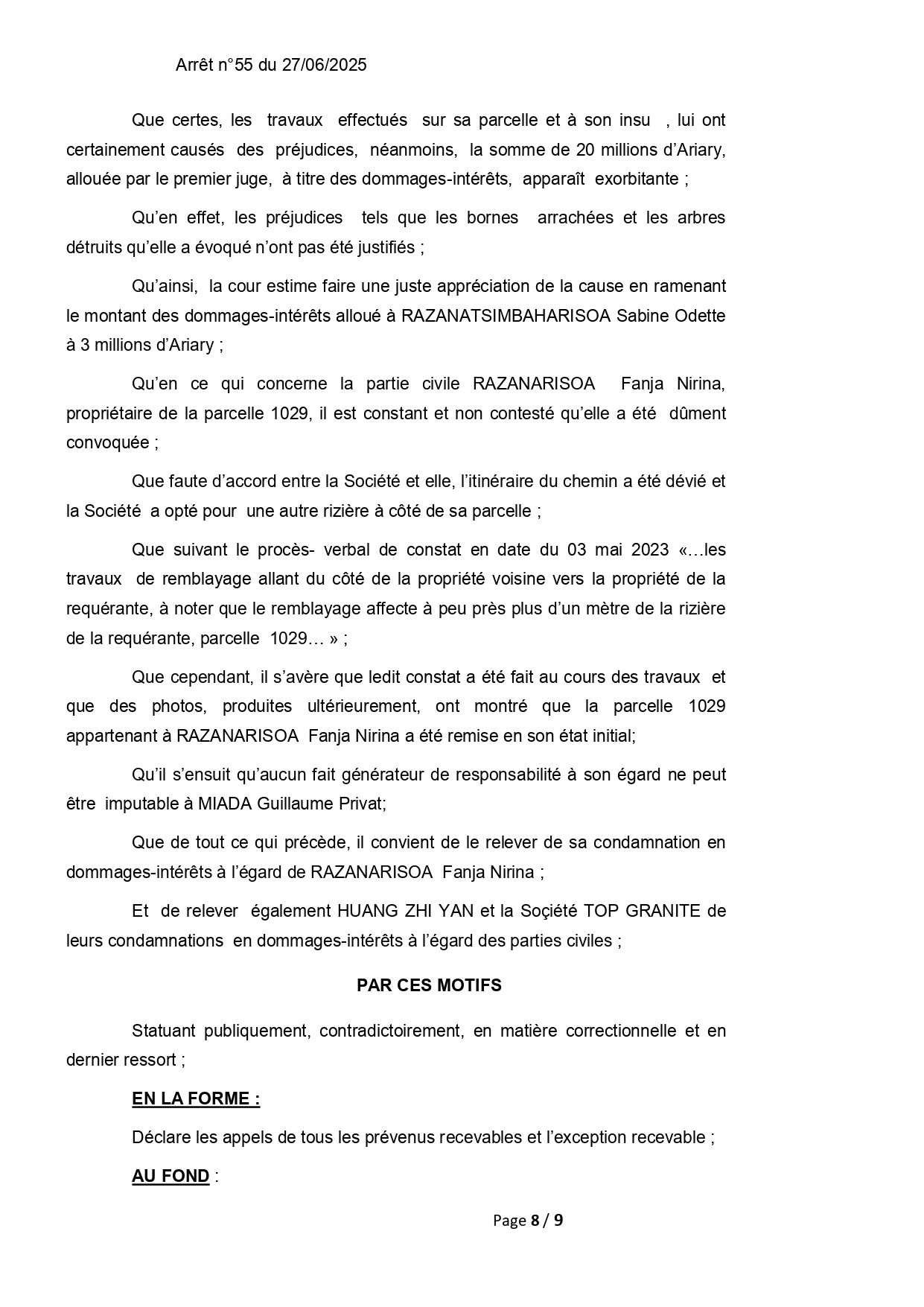 ARRET N°55 DU 27 JUIN 2025