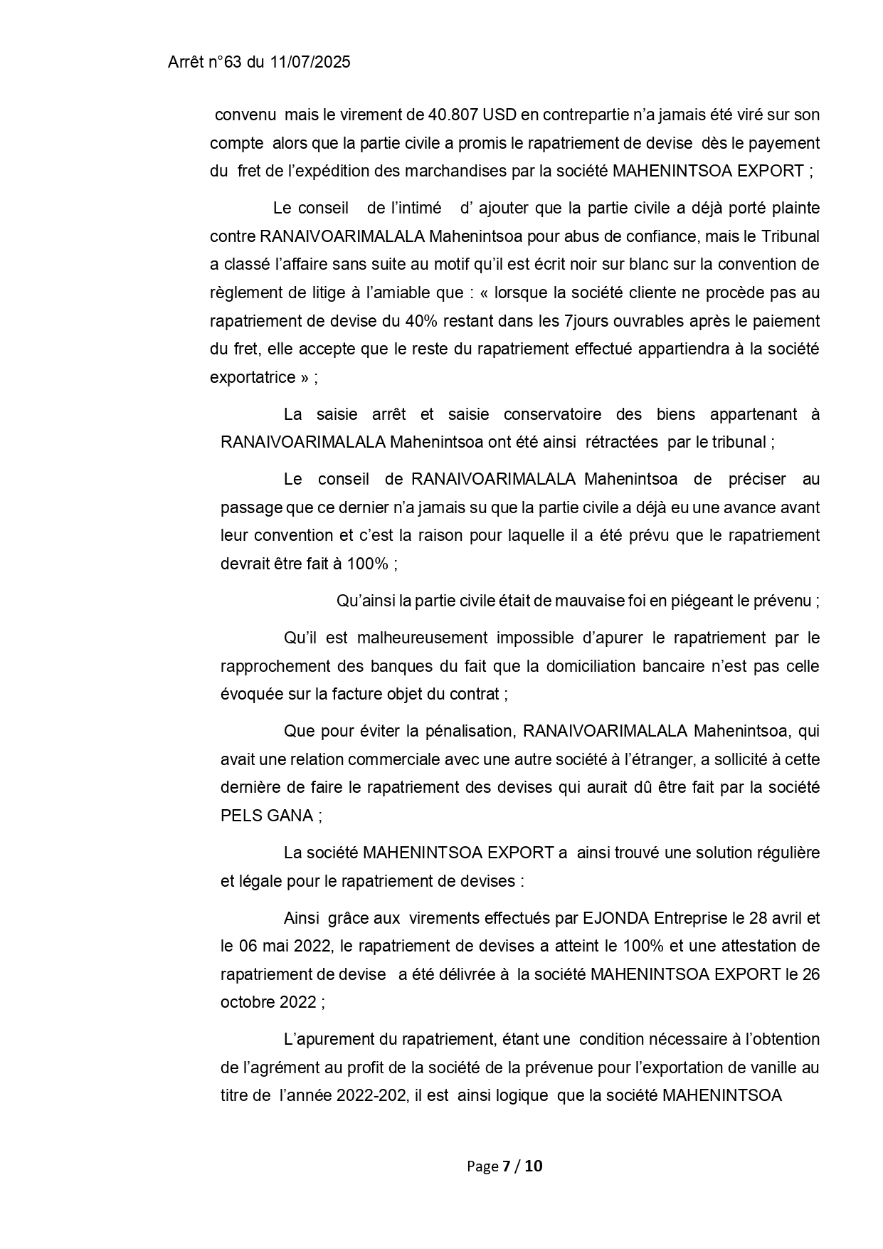 ARRET N°63 DU 11 JUILLET 2025