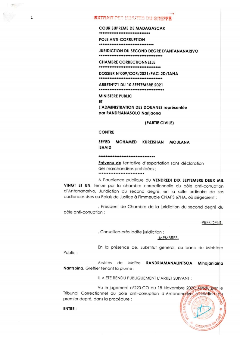 ARRET N°71 DU 10 SEPTEMBRE 2021