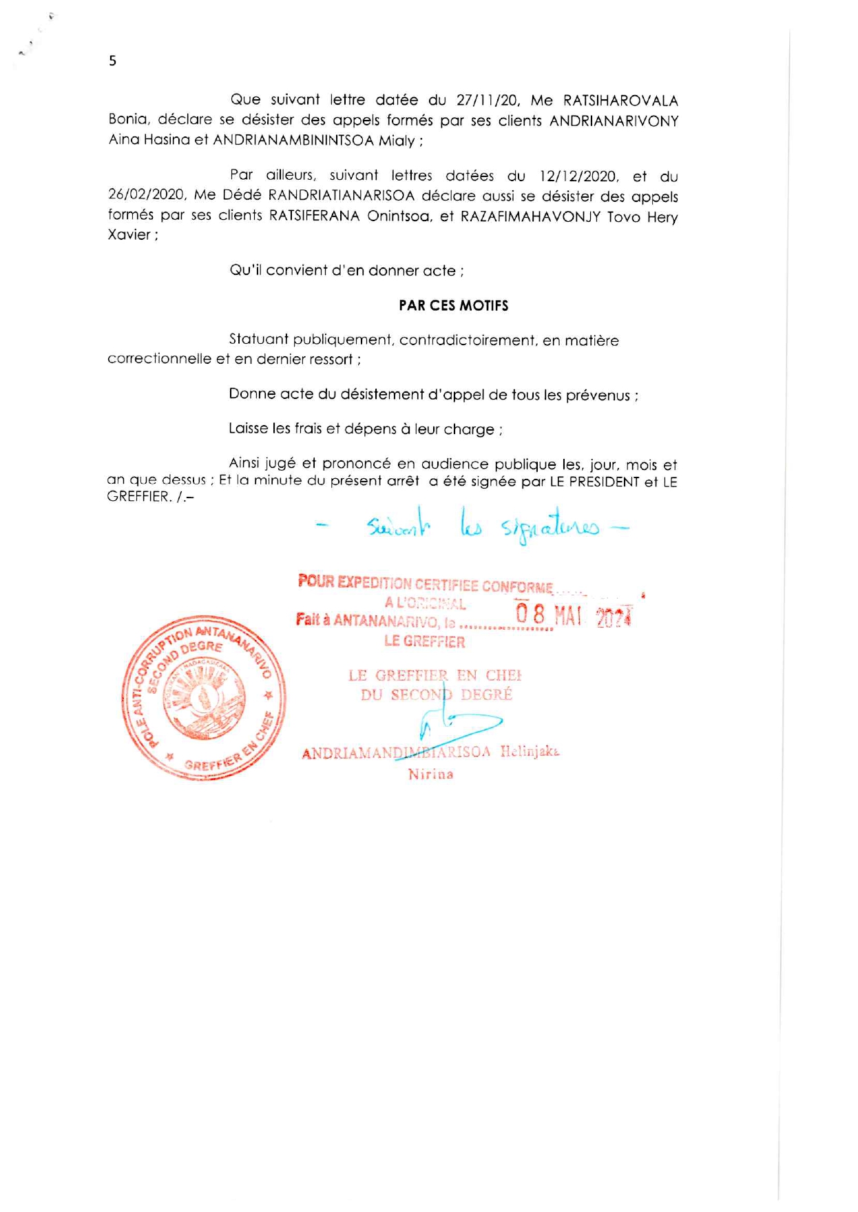 ARRET N°25 COR-V PAC TANA du 26 Fevrier 2021