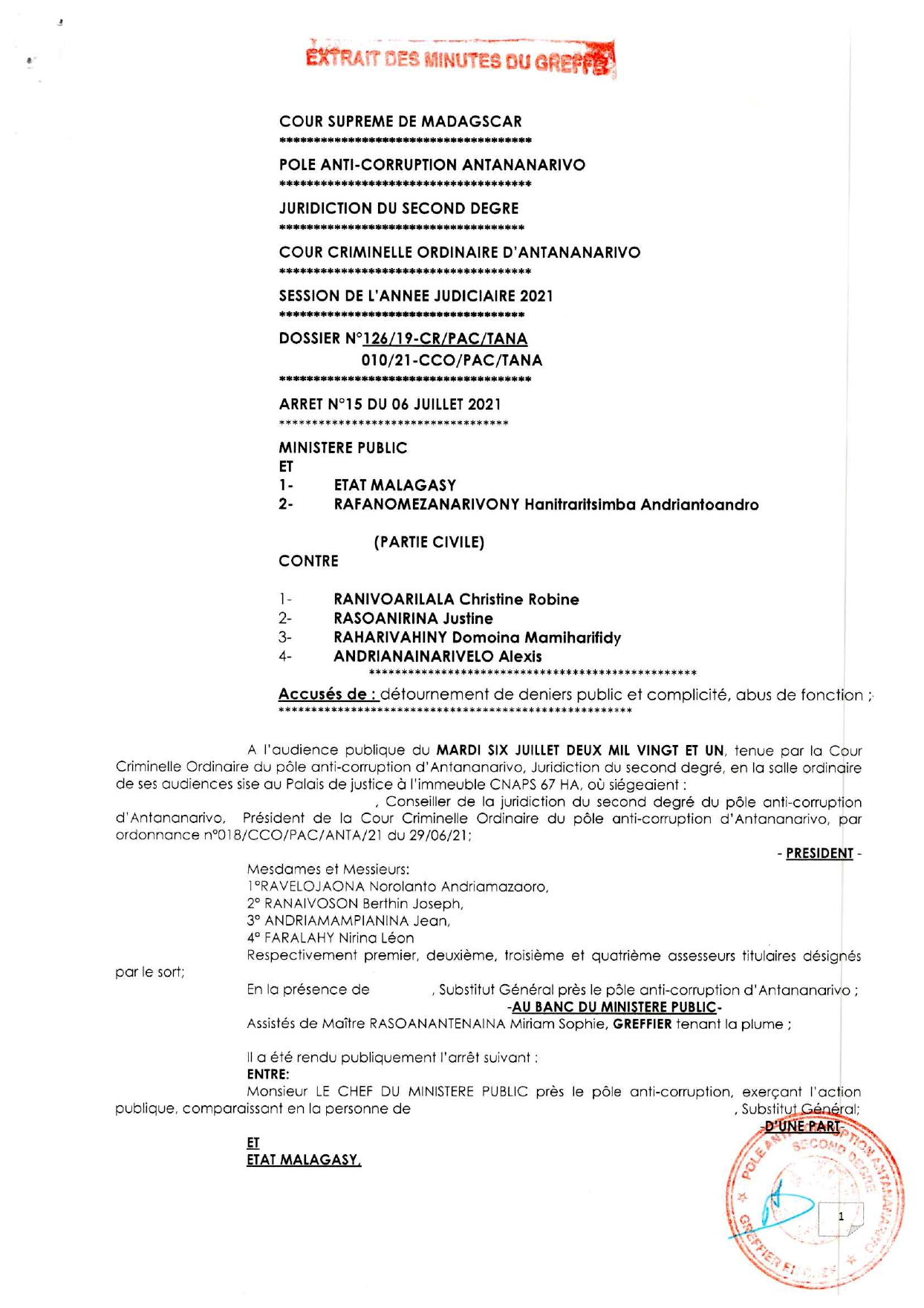 ARRET N°15 DU 06 JUILLET 2021