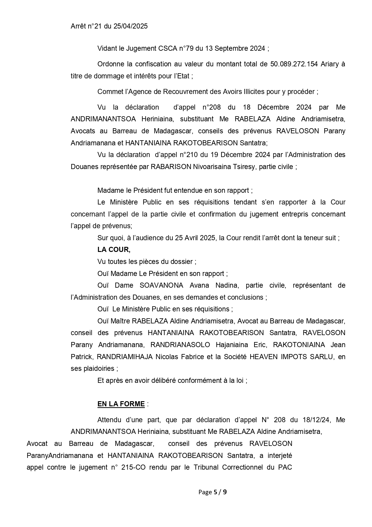 ARRET N°21 DU 25 AVRIL 2025