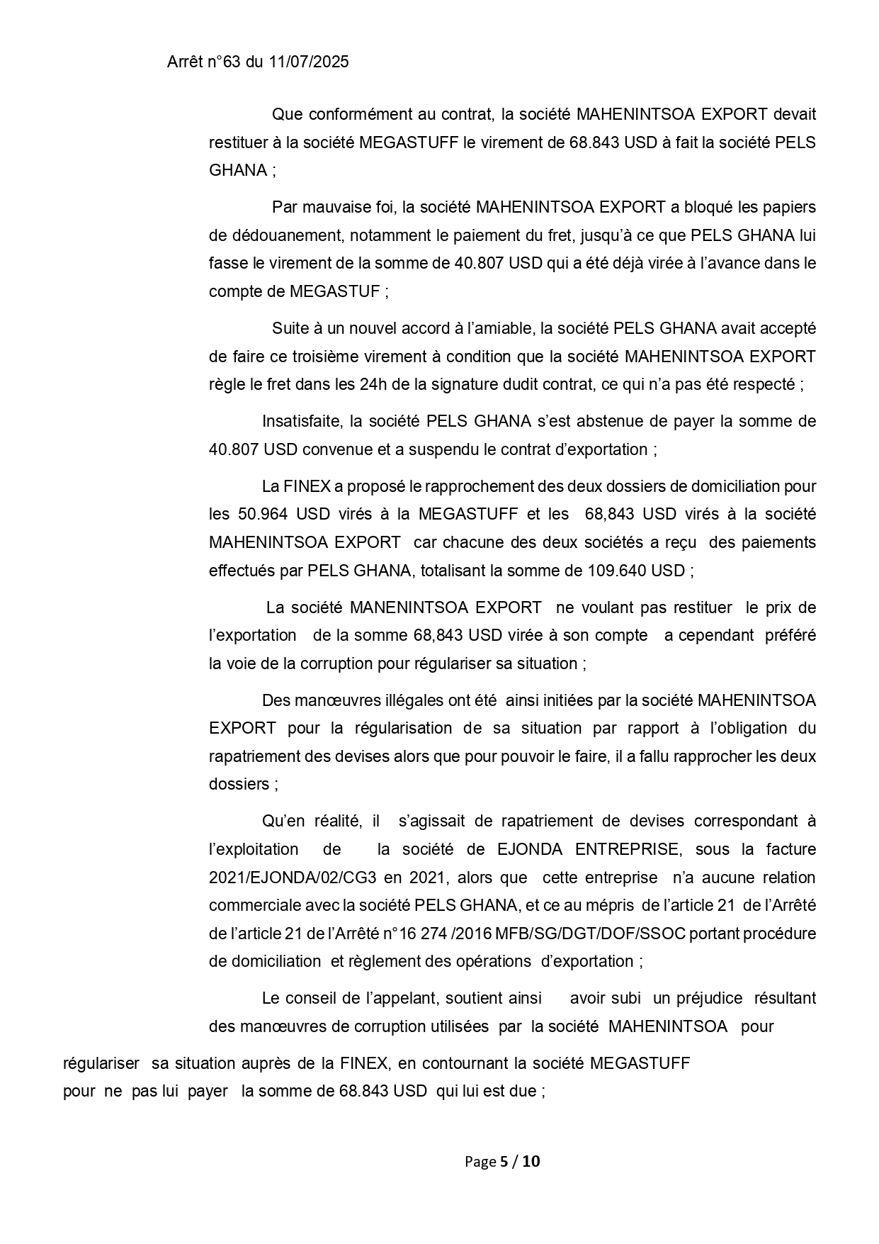 ARRET N°63 DU 11 JUILLET 2025